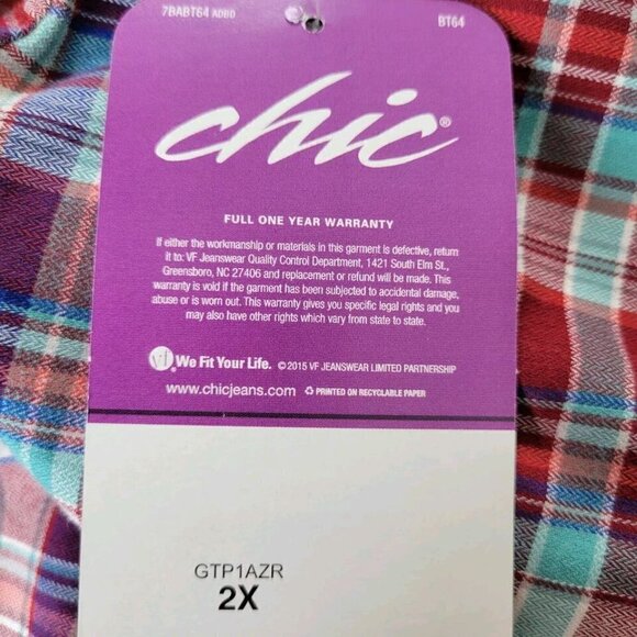 Chic Plaid Blouse Size 2X Button Front Sleeve Slit and Cuff Red Blue Vintage Y2K - Picture 7 of 15